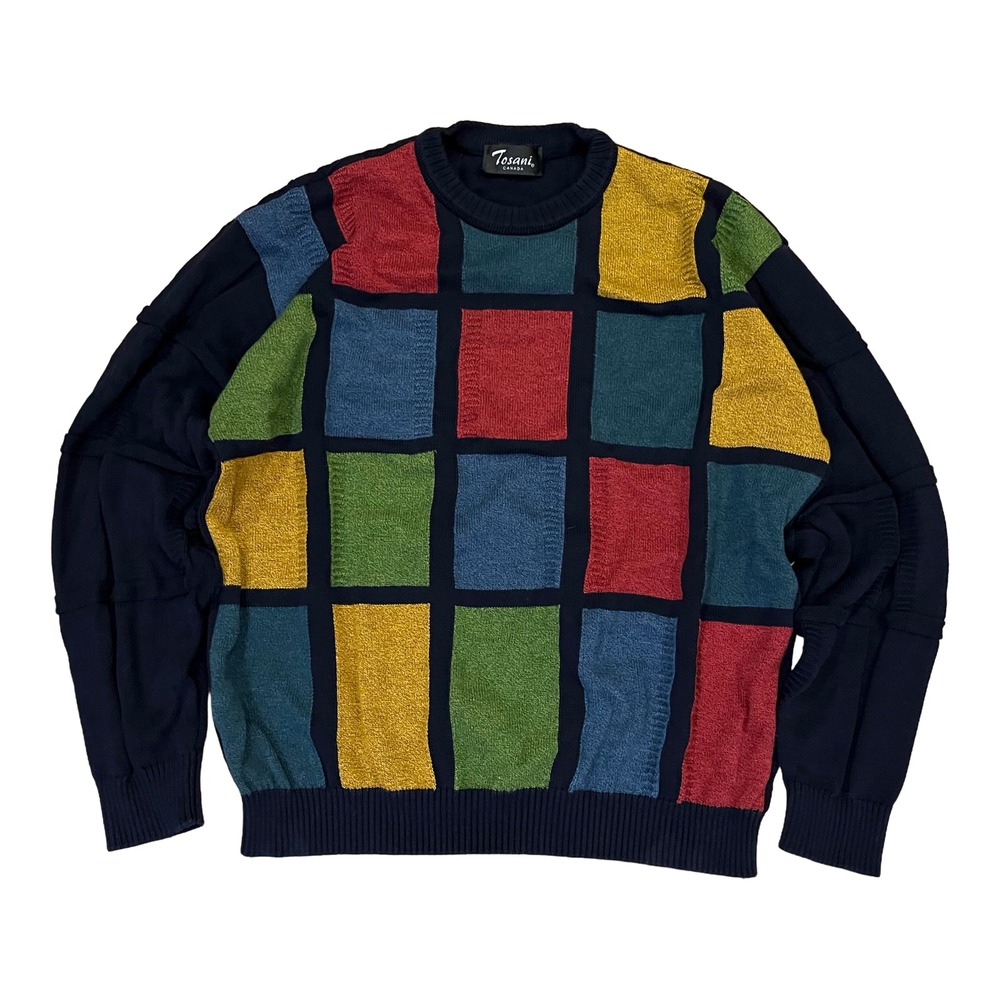 VTG Tosani Canada Knit Sweater Size XL Blue Red Geometric Knit Cotton Pullover